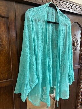 Turquoise Lace-Trim Sheer Kimono Cardigan - Women